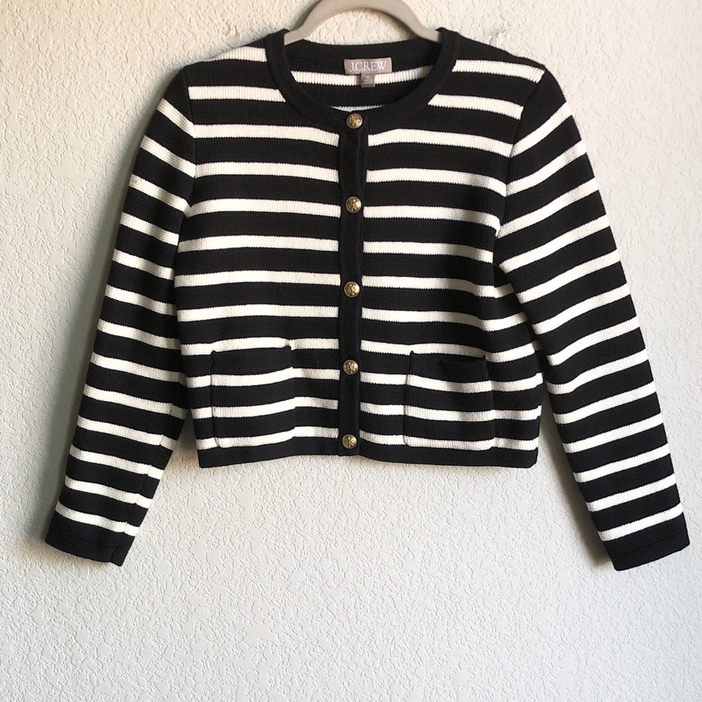 J Crew Emilie Cardigan Sweater Black Off White XS Cotton Stripe
